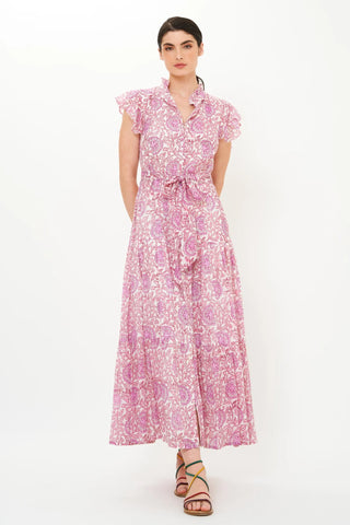 Ruffle Collar Button Maxi Dress in Malta Pink - obligato