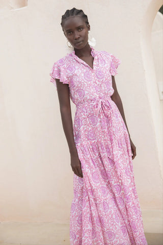 Ruffle Collar Button Maxi Dress in Malta Pink - obligato