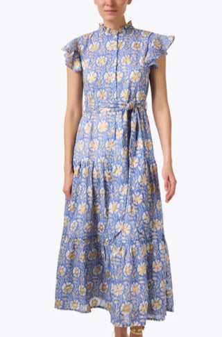 Ruffle Collar Button Maxi in Blue and Gold - obligato