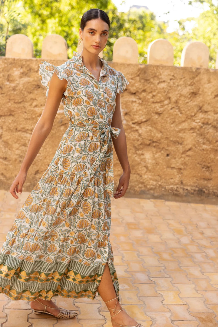 Ruffle Collar Button Maxi in Montenegro Green - obligato