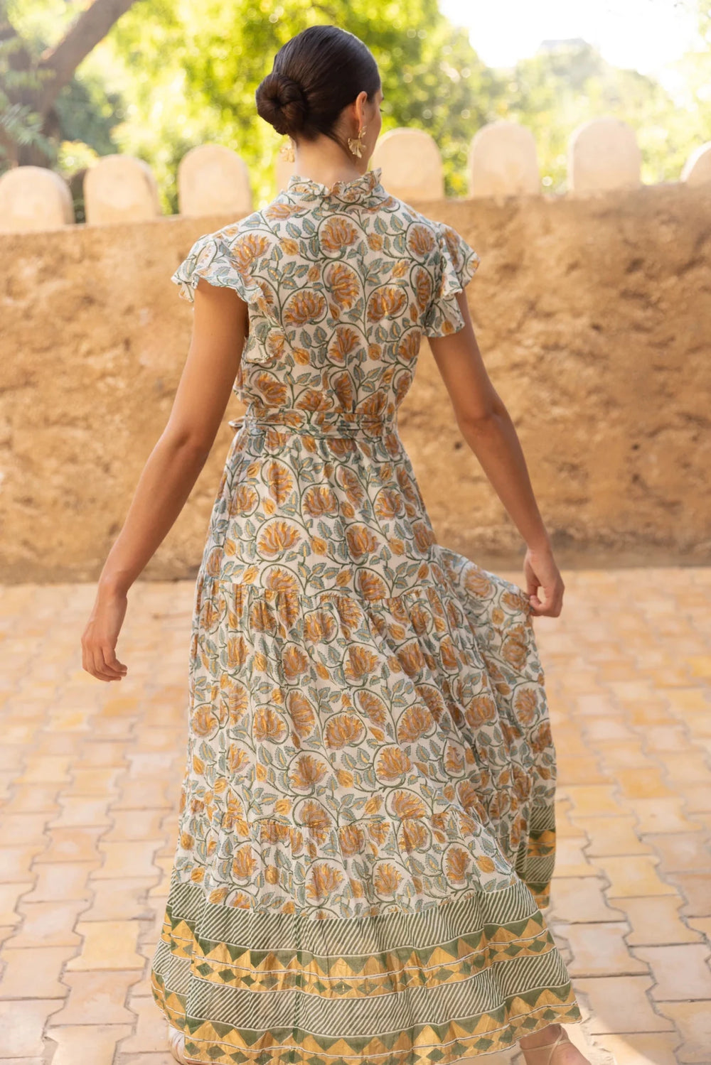 Ruffle Collar Button Maxi in Montenegro Green - obligato