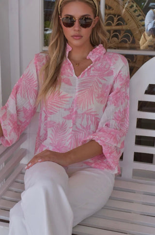 Ruffle Collar Top Gauze in Pink Palm - obligato