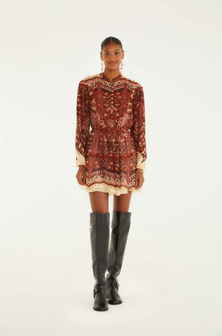 Sand Ainika Pineapple Tapestry Long Sleeve Mini Dress - obligato