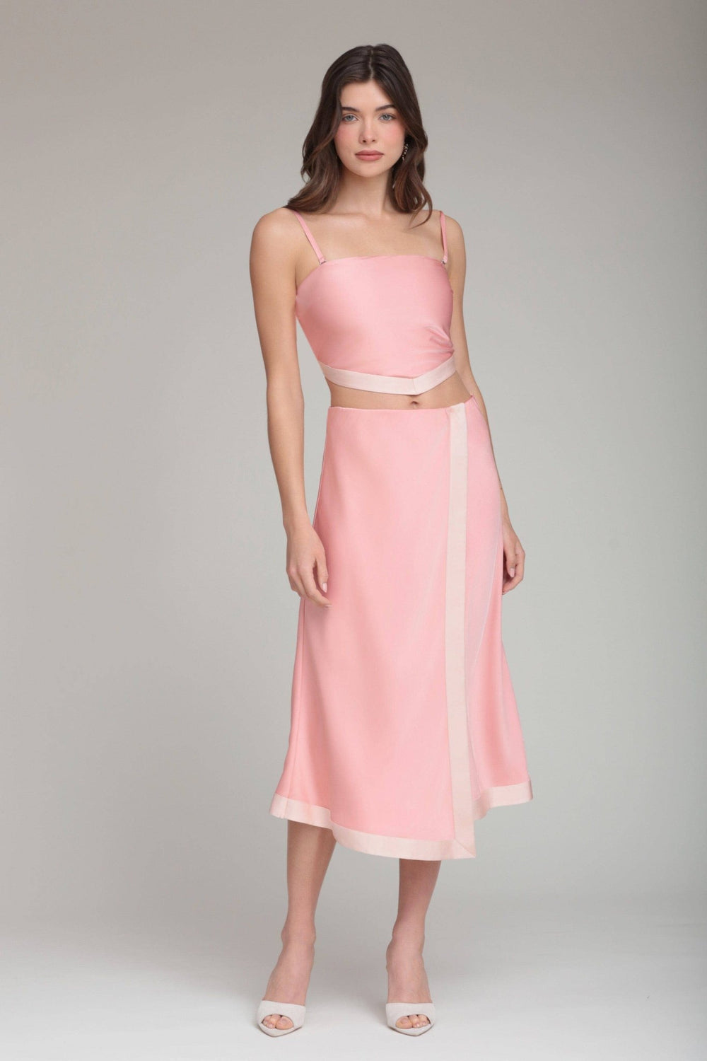 Satin Faux Wrap Maxi Slip Skirt in Coral Pink - obligato