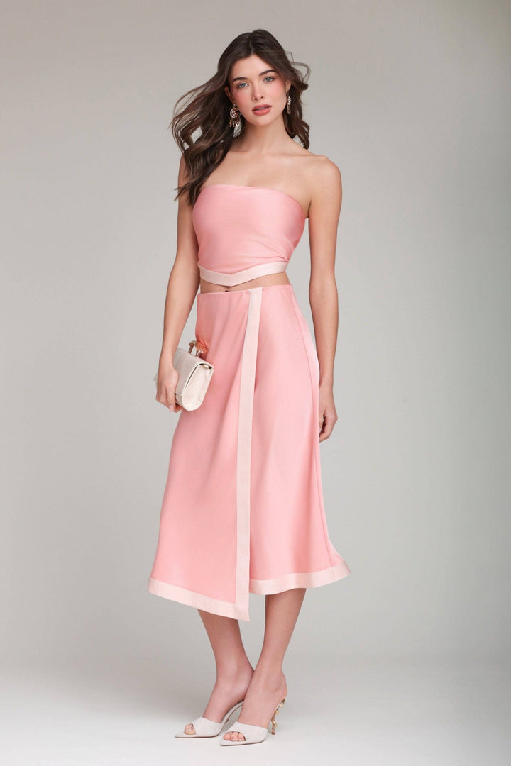Satin Faux Wrap Maxi Slip Skirt in Coral Pink - obligato