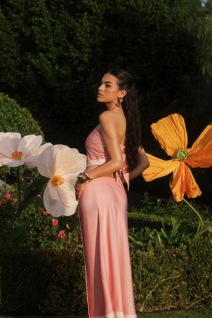 Satin Faux Wrap Maxi Slip Skirt in Coral Pink - obligato