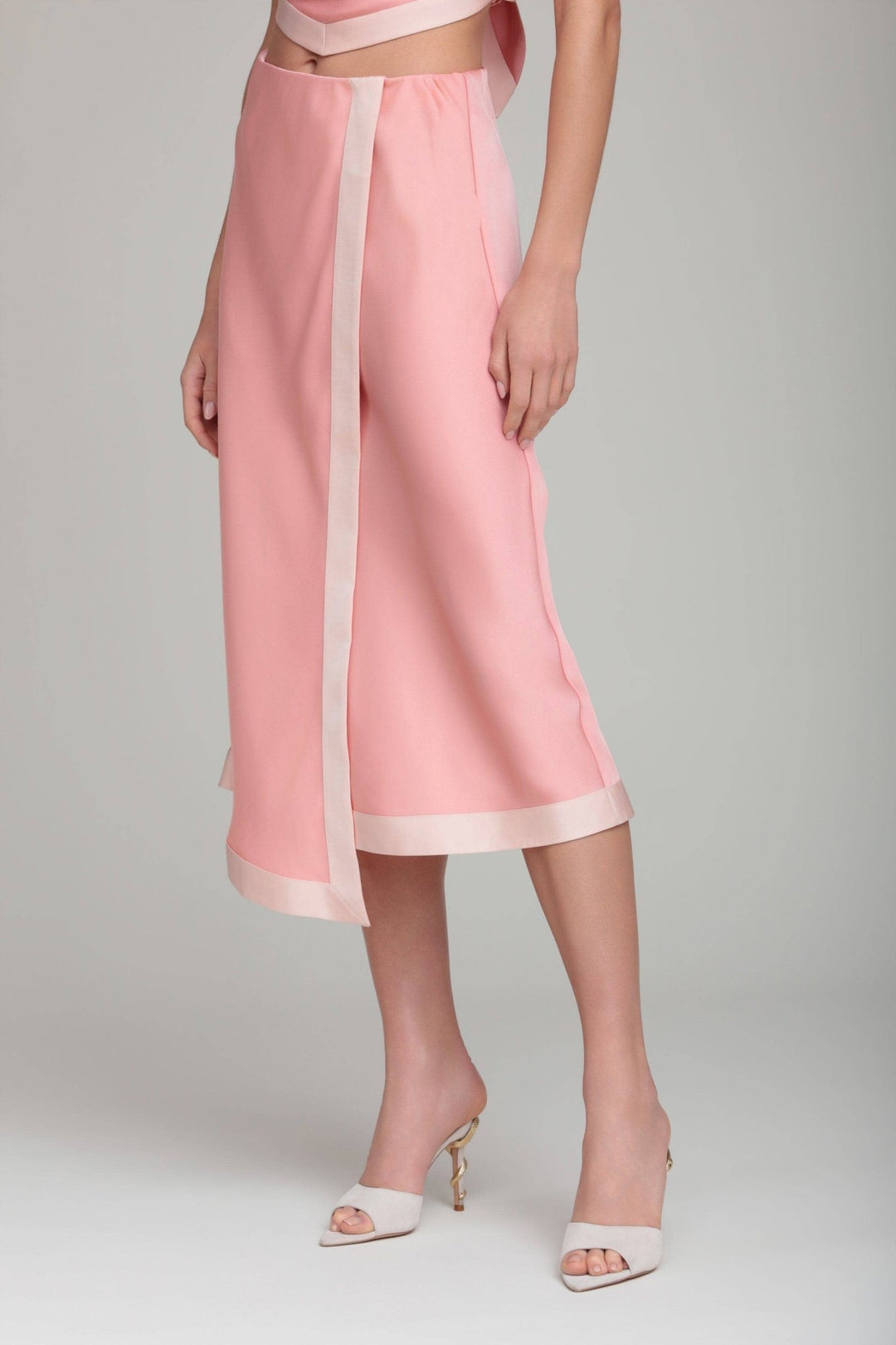 Satin Faux Wrap Maxi Slip Skirt in Coral Pink - obligato