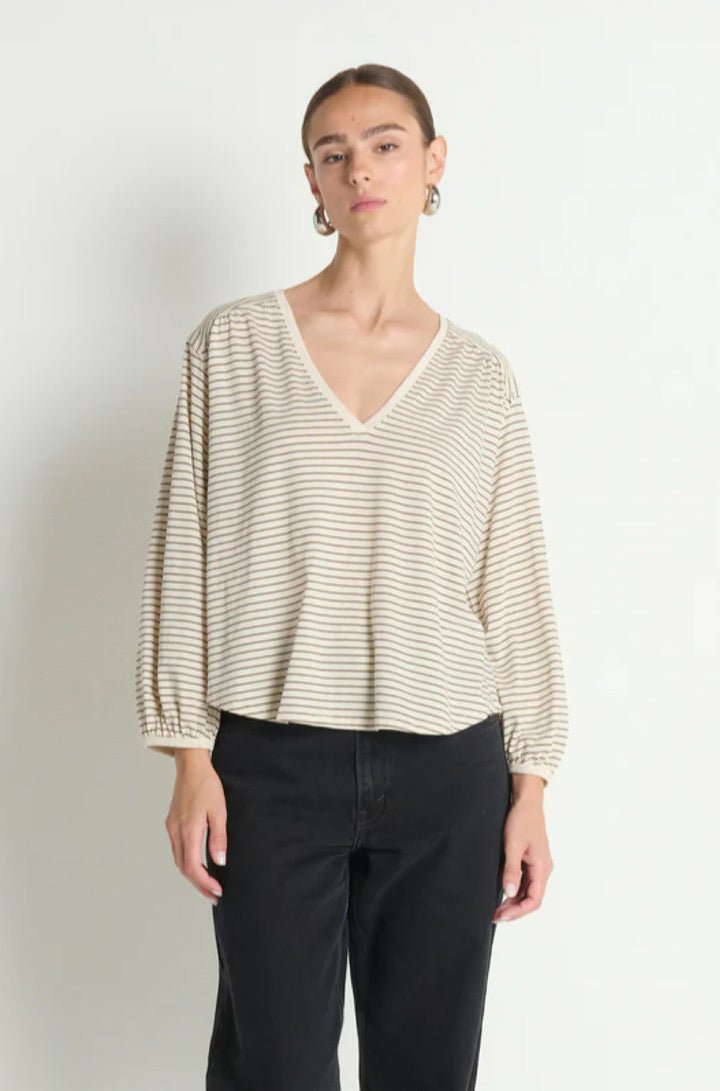 Savanna Shirred Top in Espresso Pinstripe - obligato