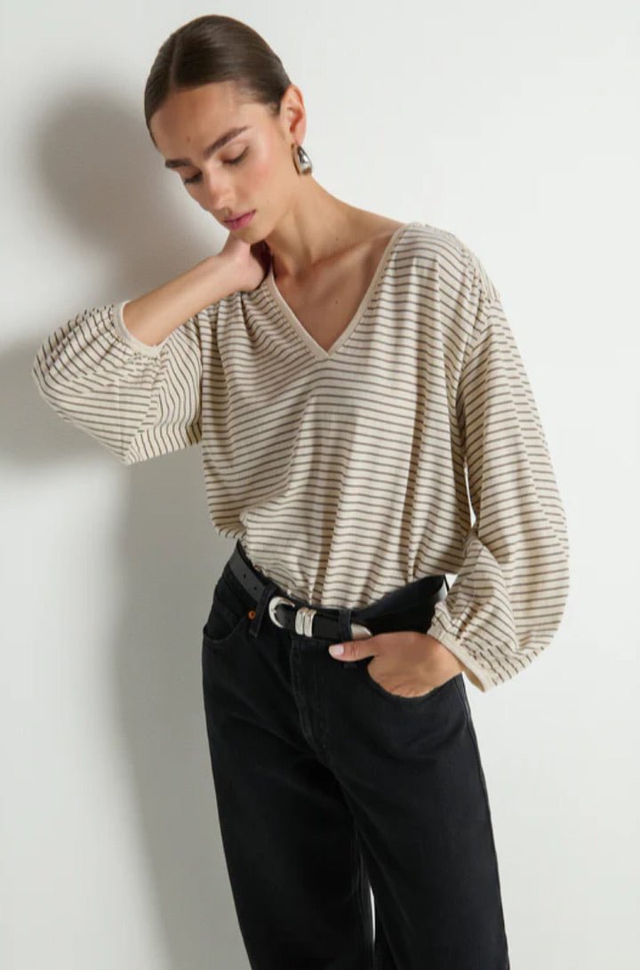 Savanna Shirred Top in Espresso Pinstripe - obligato