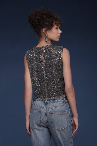 Sequin Mesh Crop Top: Gunmetal Grey / M - obligato