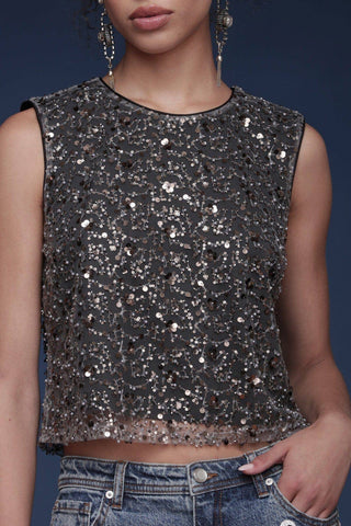 Sequin Mesh Crop Top: Gunmetal Grey / S - obligato