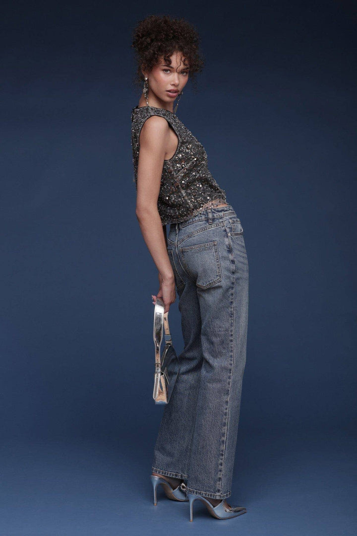 Sequin Mesh Crop Top: Gunmetal Grey / S - obligato