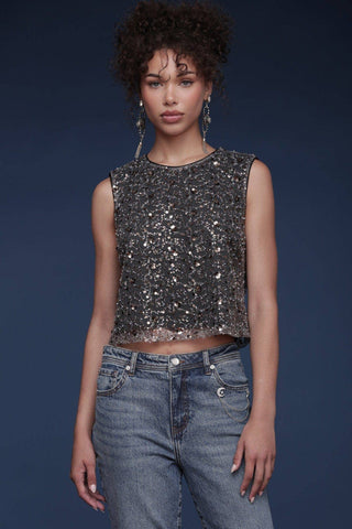 Sequin Mesh Crop Top: Gunmetal Grey / XS - obligato