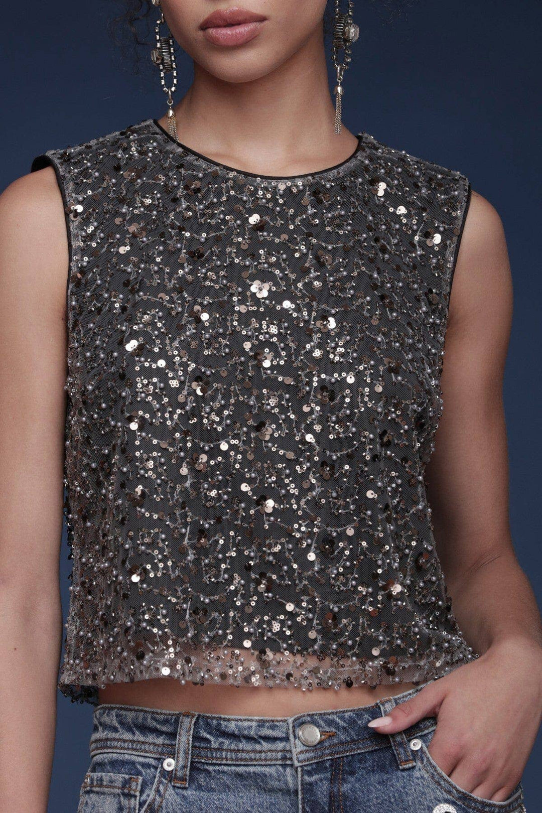 Sequin Mesh Crop Top: Gunmetal Grey / XS - obligato