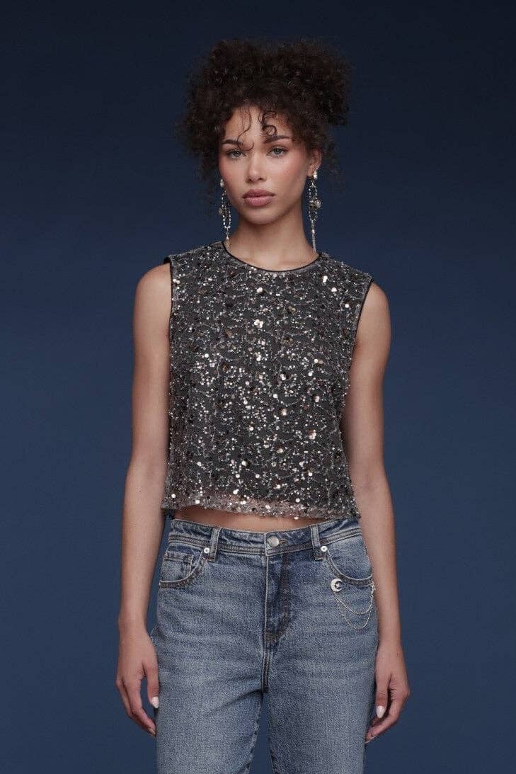 Sequin Mesh Crop Top: Gunmetal Grey / XS - obligato