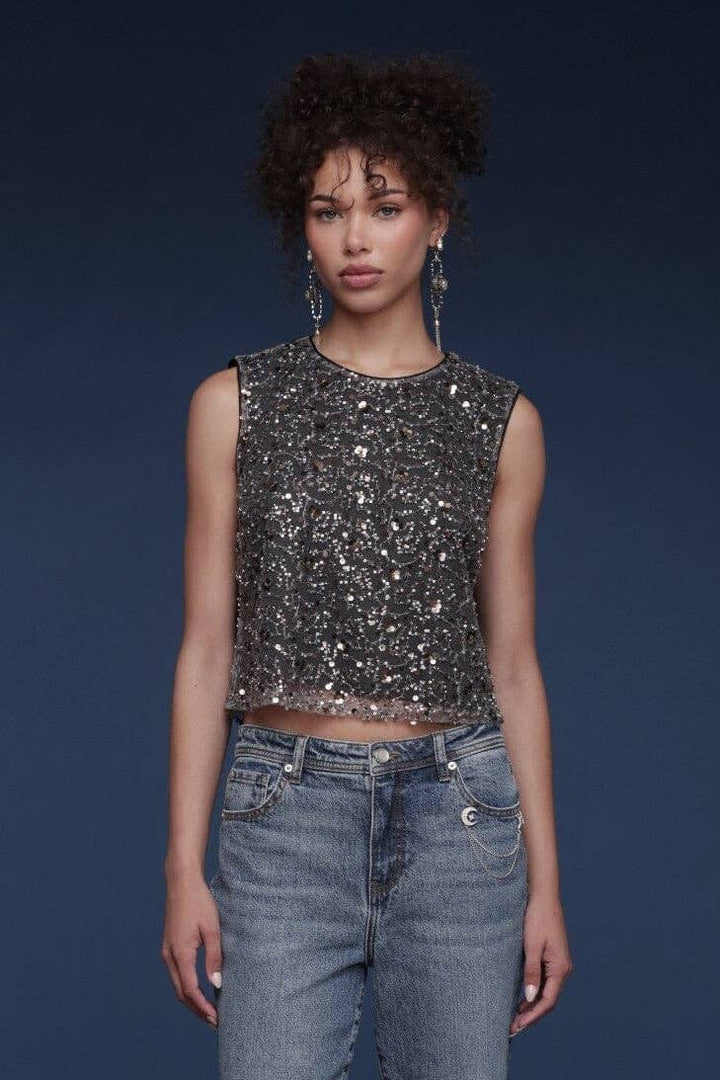 Sequin Mesh Crop Top: Gunmetal Grey / XS - obligato