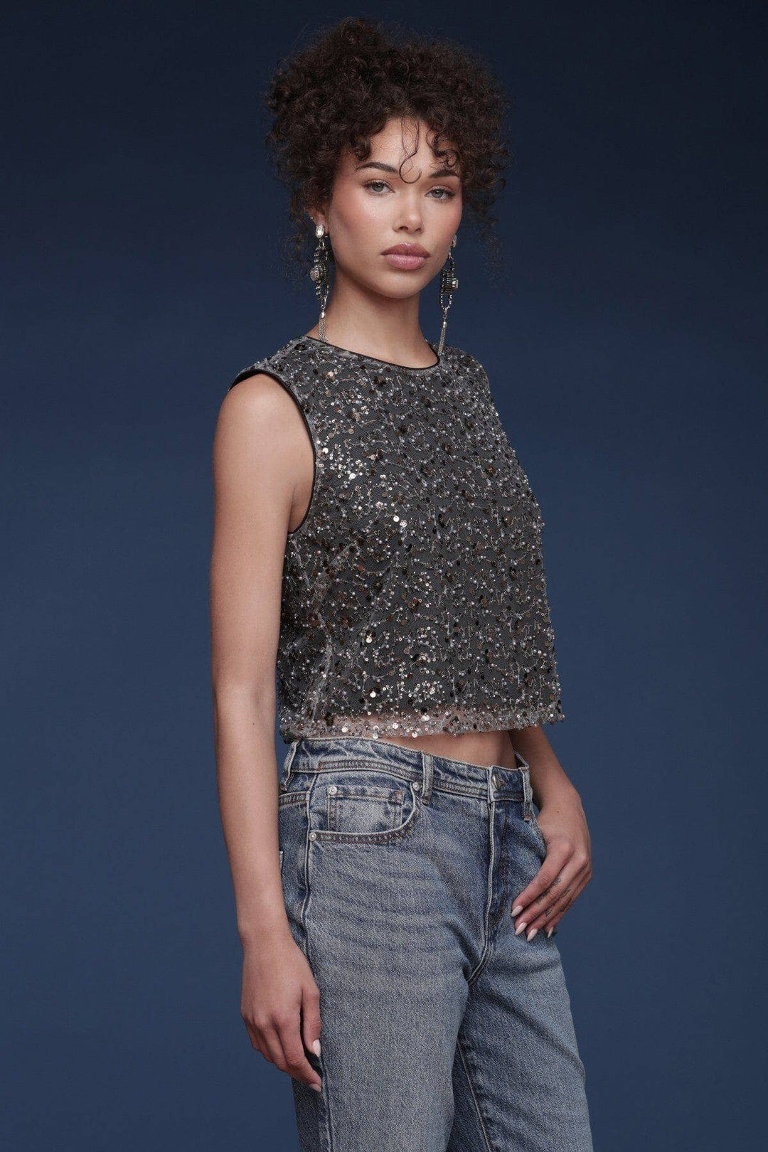 Sequin Mesh Crop Top: Gunmetal Grey / XS - obligato