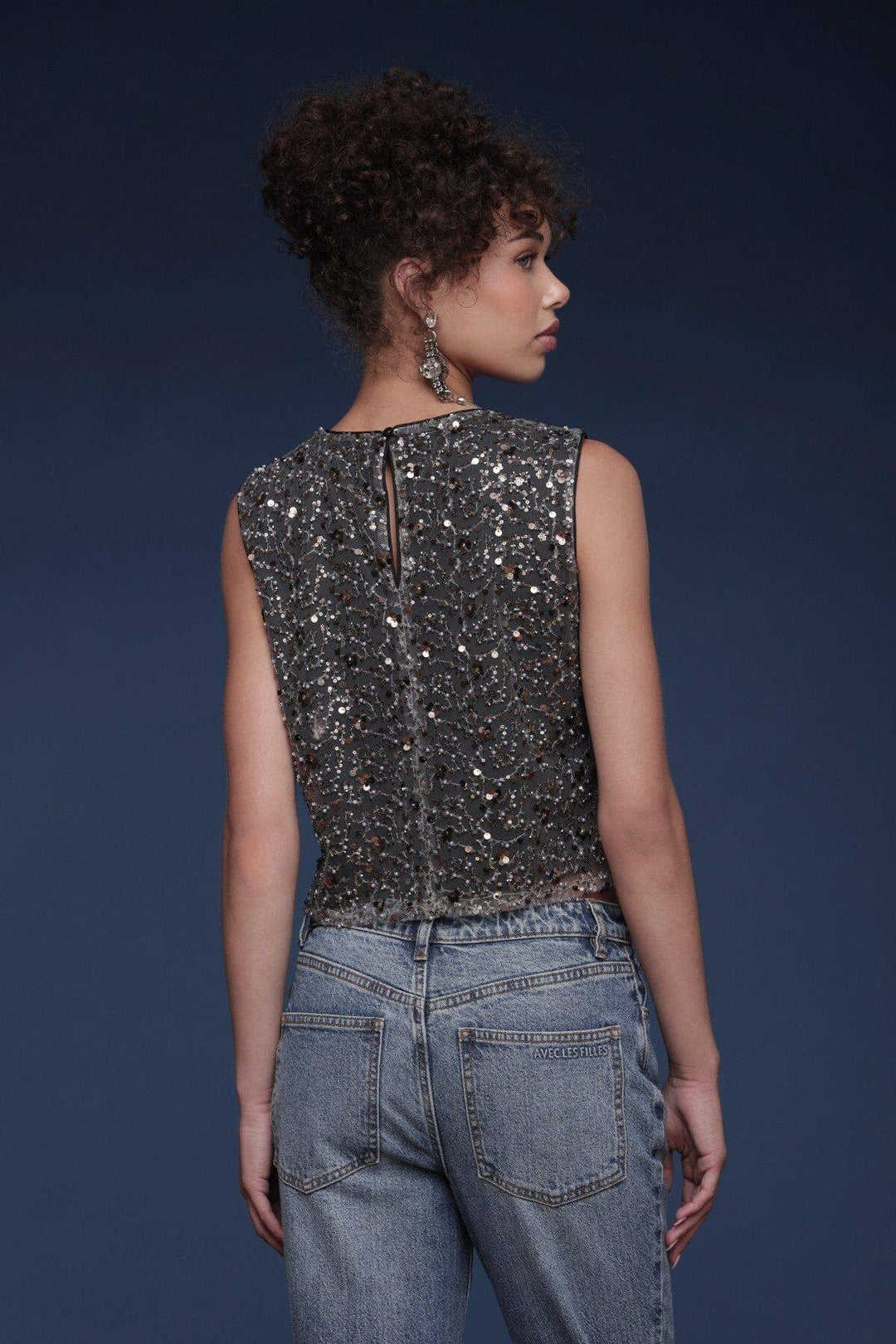 Sequin Mesh Crop Top: Gunmetal Grey / XS - obligato