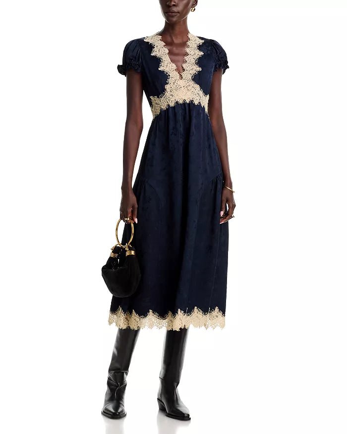 Shay Lace V-Neck Dress in Navy - obligato