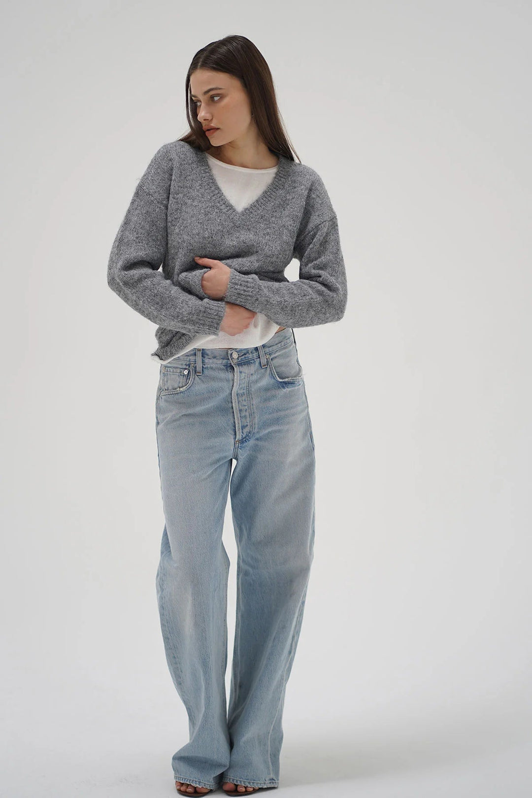 Sienna Fuzzy Double Layer Sweater in Shadow Grey With Ivory - obligato
