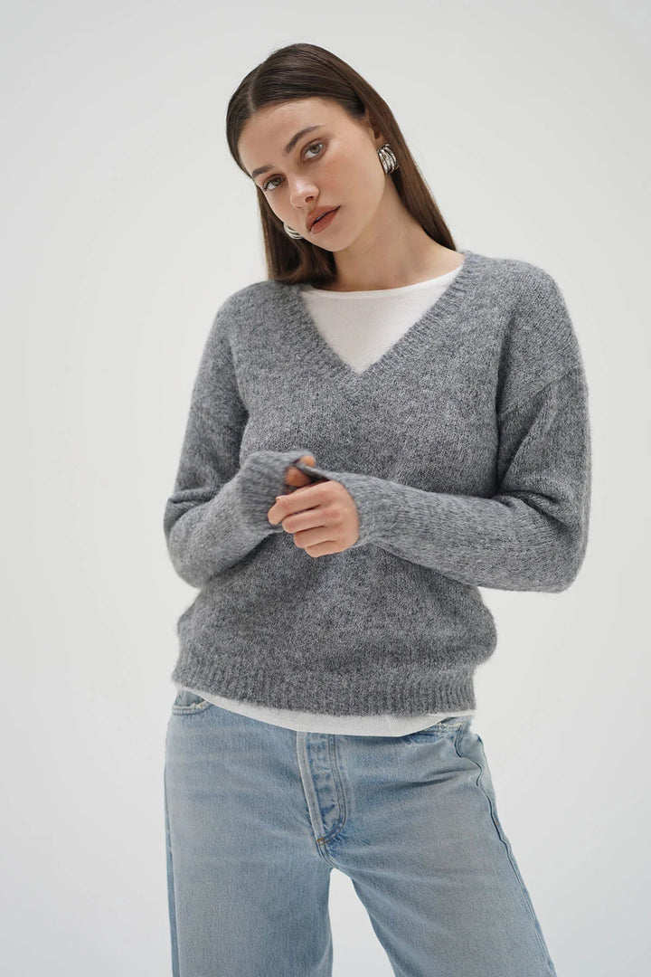 Sienna Fuzzy Double Layer Sweater in Shadow Grey With Ivory - obligato
