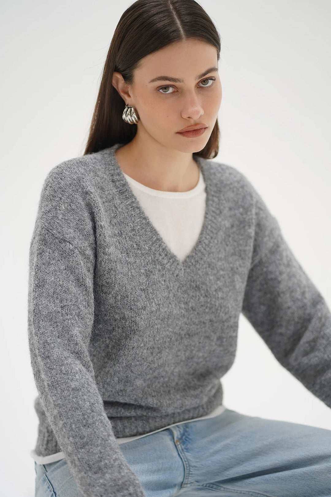 Sienna Fuzzy Double Layer Sweater in Shadow Grey With Ivory - obligato