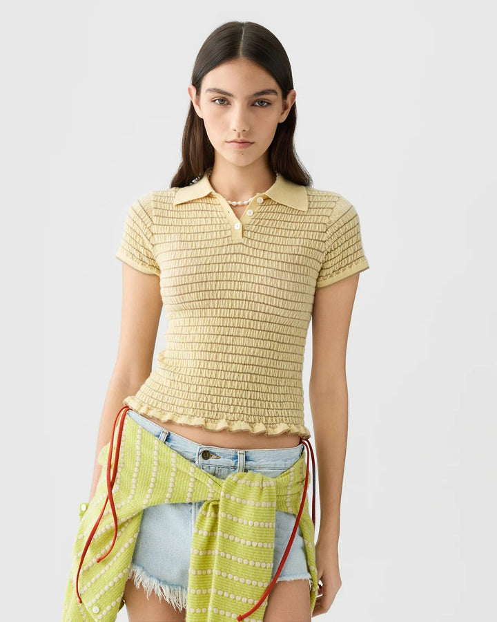 Smocked Shrunken Polo in Butter/ Camel - obligato