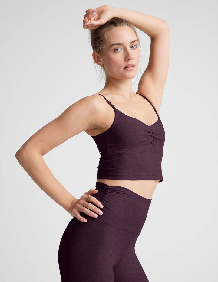 SPACEDYE RAISE THE BARRE SHIRRED CROPPED TANK in Eggplant - obligato