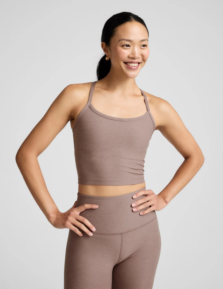 Spacedye™ Slim Racerback Cropped Tank in Rosey Taupe Heather - obligato