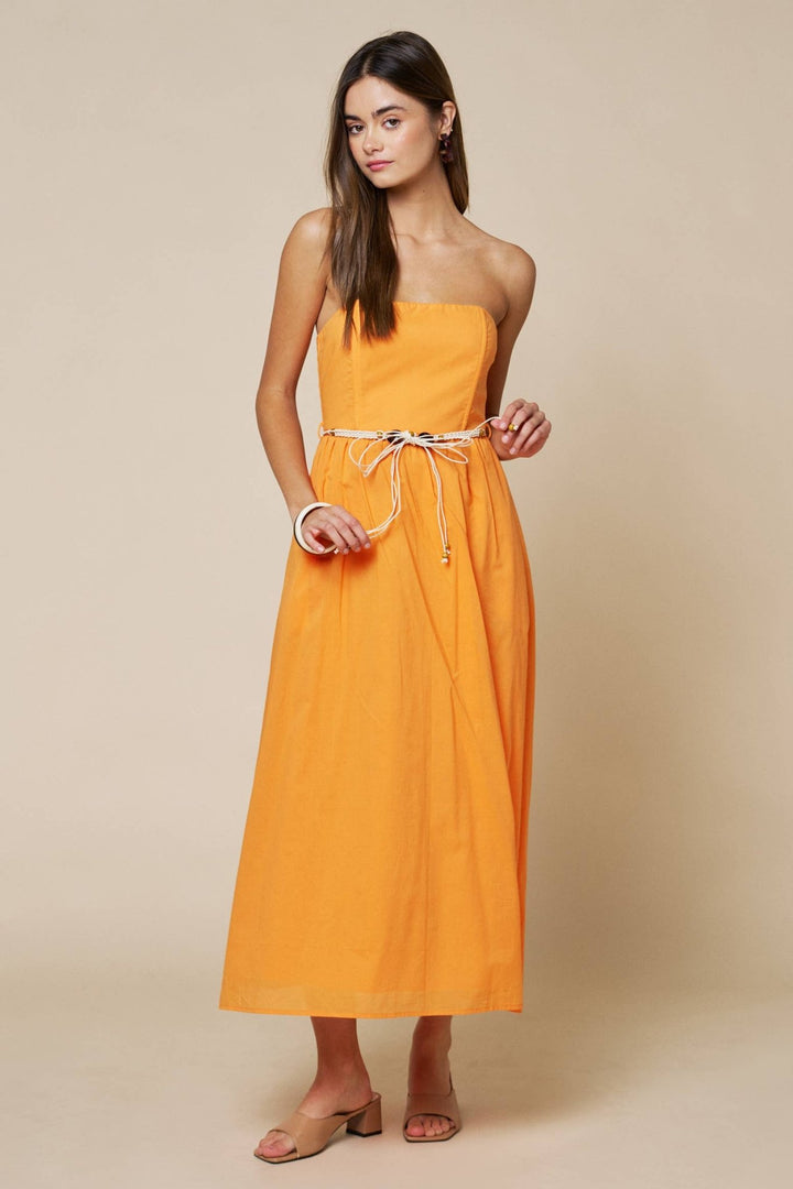 Strapless Maxi Dress W/Beaded Macrame Belt : Orange / L - obligato