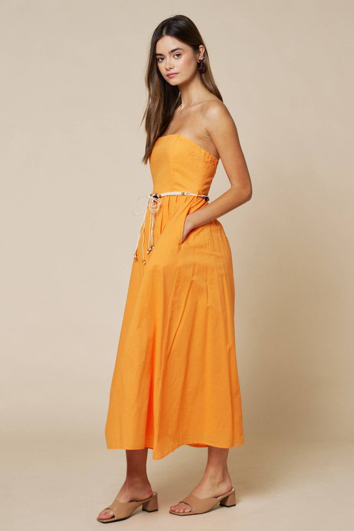 Strapless Maxi Dress W/Beaded Macrame Belt : Orange / M - obligato