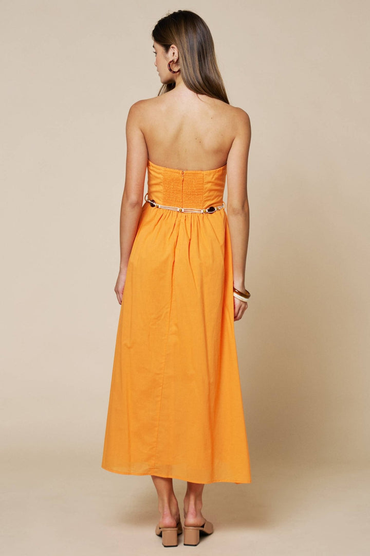 Strapless Maxi Dress W/Beaded Macrame Belt : Orange / S - obligato
