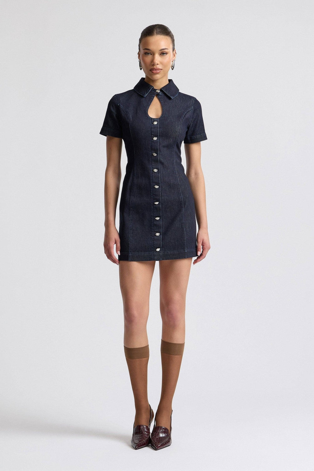 Stretch Denim Collared Keyhole Mini Dress in Dark Rinse - obligato
