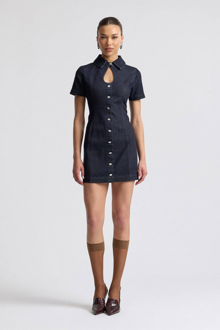 Stretch Denim Collared Keyhole Mini Dress in Dark Rinse - obligato