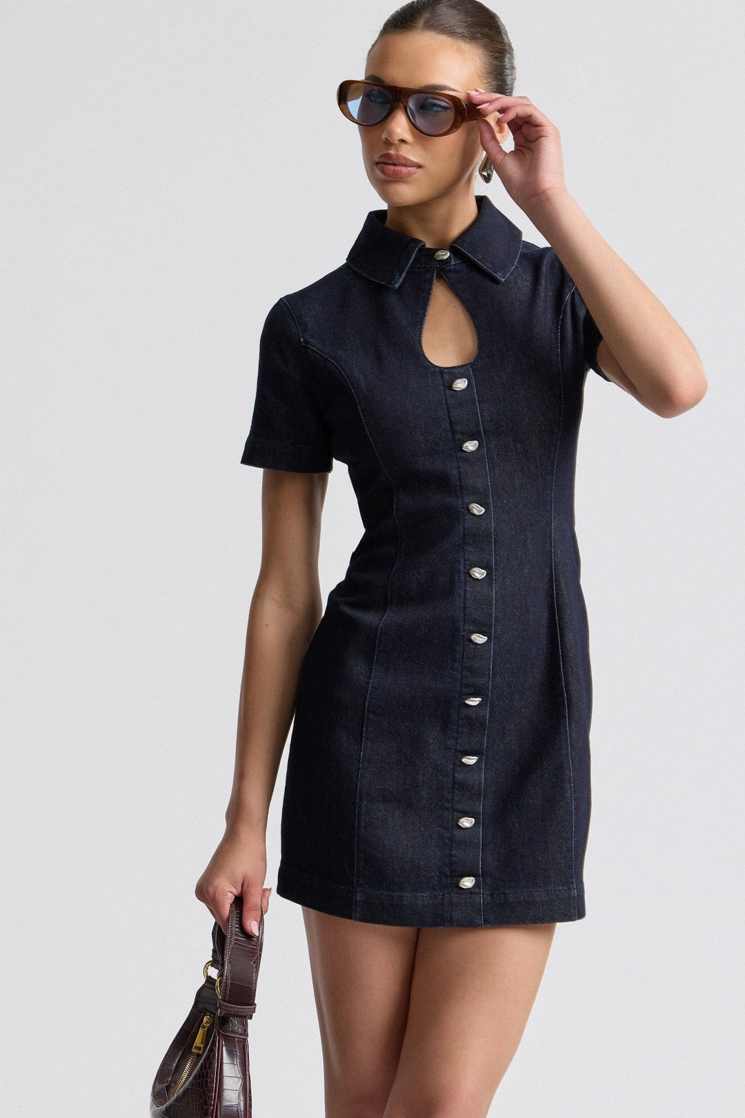 Stretch Denim Collared Keyhole Mini Dress in Dark Rinse - obligato