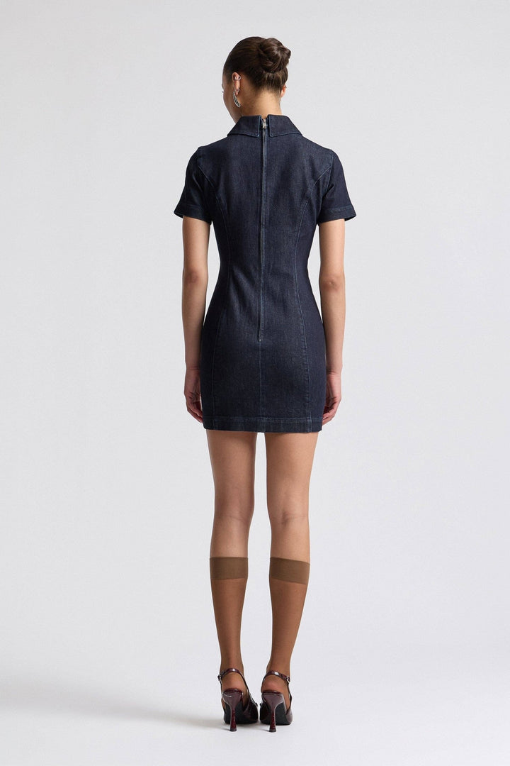 Stretch Denim Collared Keyhole Mini Dress in Dark Rinse - obligato