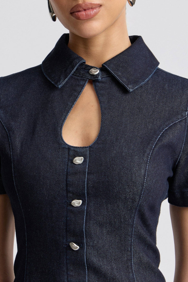 Stretch Denim Collared Keyhole Mini Dress in Dark Rinse - obligato