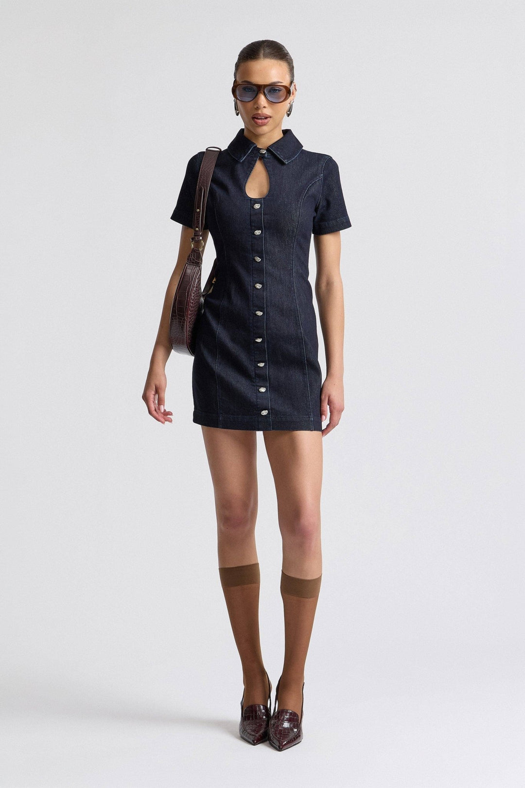 Stretch Denim Collared Keyhole Mini Dress in Dark Rinse - obligato