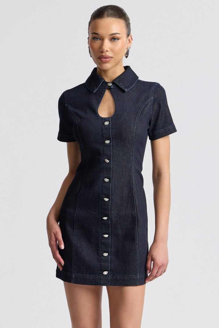 Stretch Denim Collared Keyhole Mini Dress in Dark Rinse - obligato