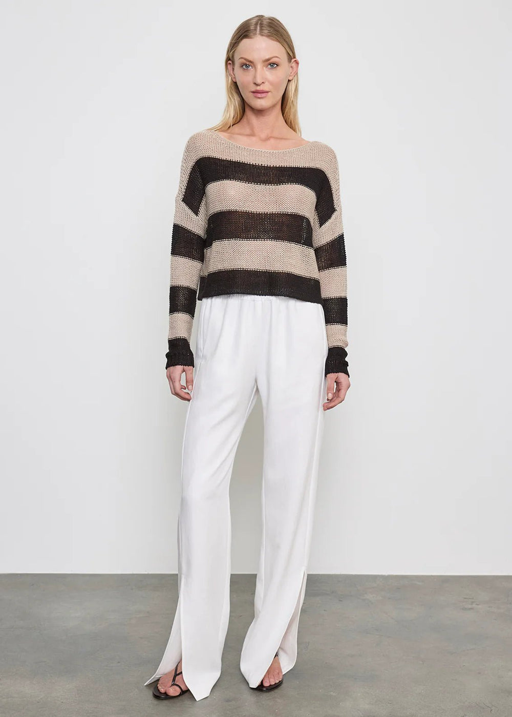 Stripe Linen Bateau Sweater in Black and Oatmeal - obligato