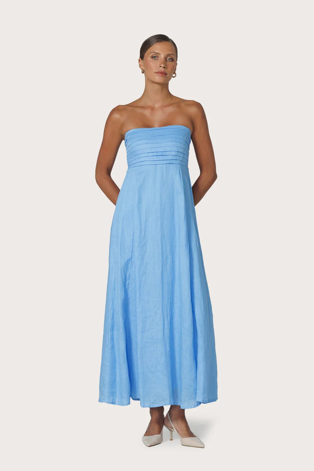 Talia Pintuck Linen Maxi Dress - Neu Bleu - obligato