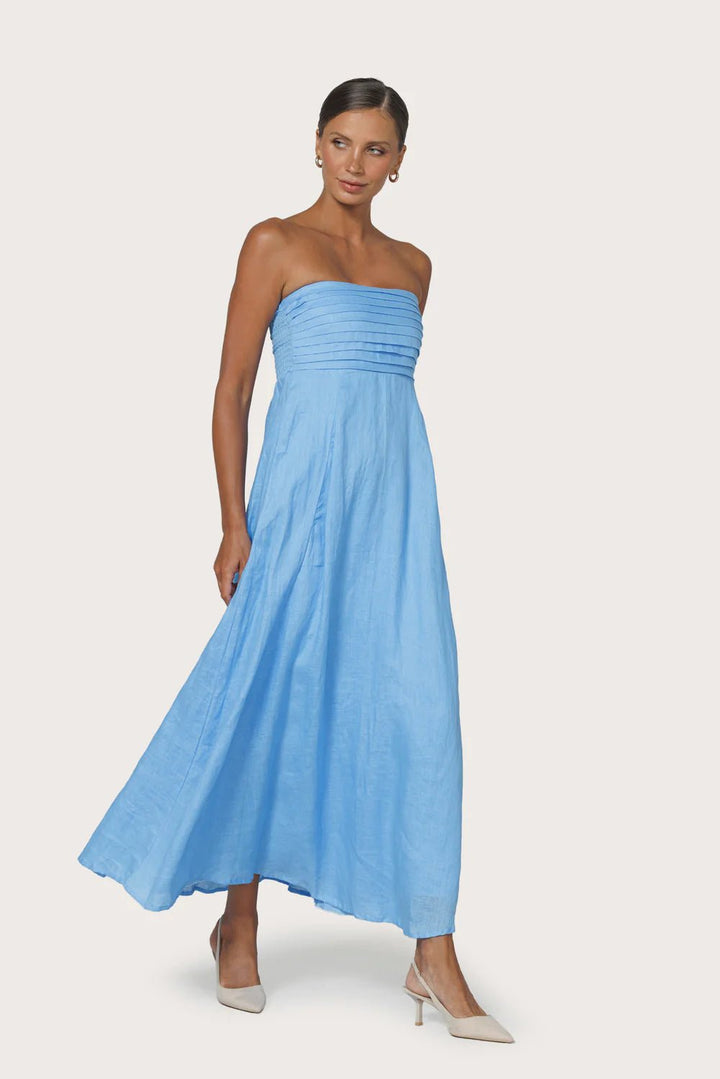 Talia Pintuck Linen Maxi Dress - Neu Bleu - obligato