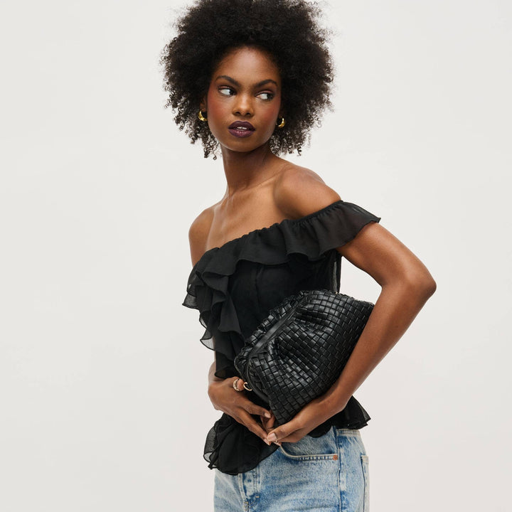 Tate Woven Frame Clutch: Black - obligato