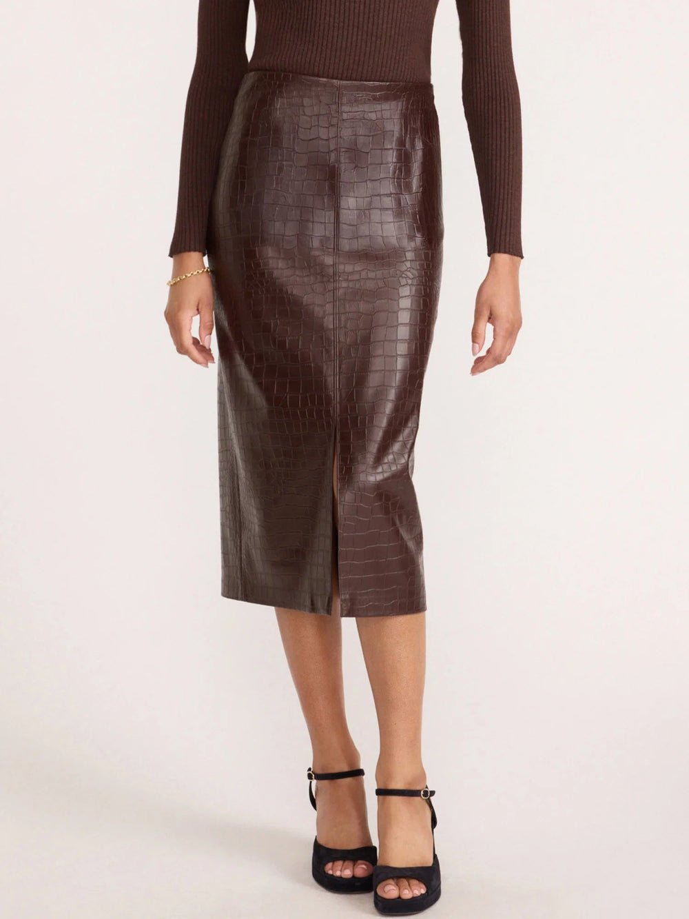 The Esme Croco Embossed Skirt in Carob - obligato
