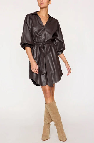 The Kate Belted Vegan Leather Dress in Timber - obligato