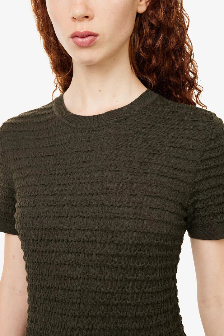 The Smocked Short-Sleeve Sweater in Rich Military - obligato
