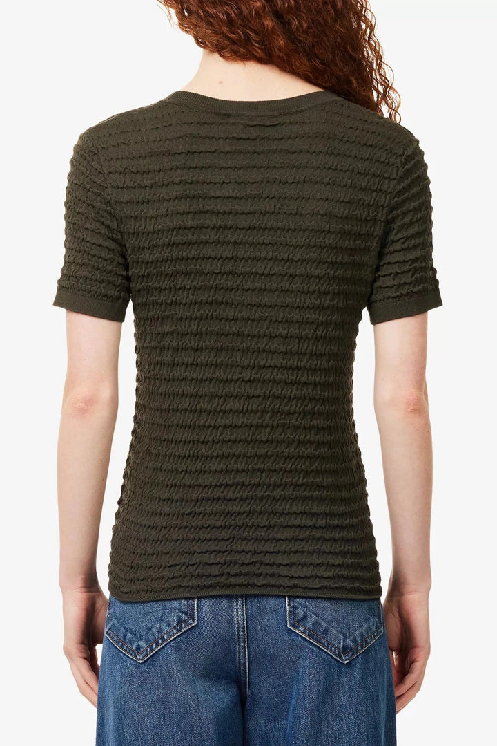 The Smocked Short-Sleeve Sweater in Rich Military - obligato