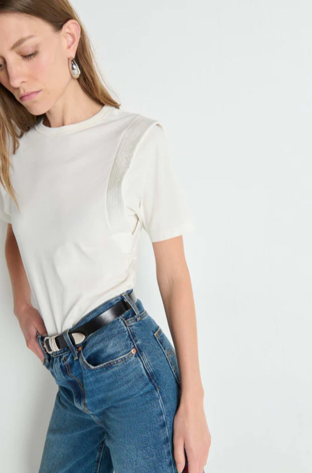 Thea Sleeve Inset Top Procelain - obligato