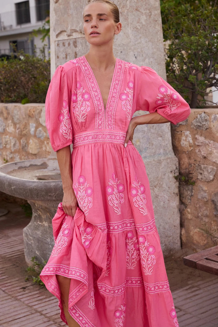 V Neck Puff Maxi Dress in Raton Pink - obligato
