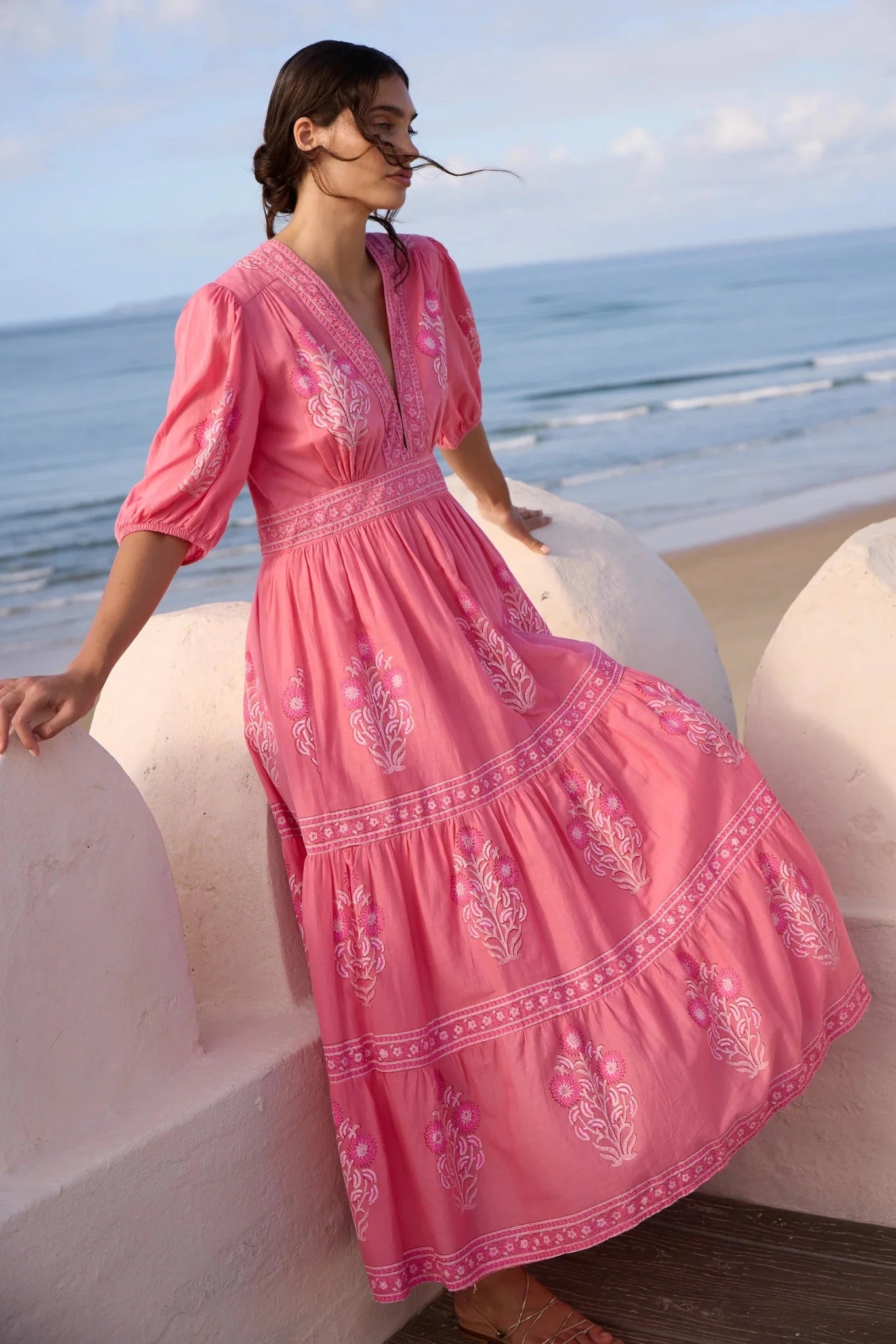 V Neck Puff Maxi Dress in Raton Pink - obligato